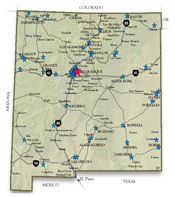 Map of the state of New Mexico showing the location of SLD and sentinal labs.