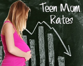 Pregnant woman with hand on stomach standing in front of a graph.