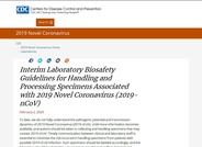 CDC Interim Laboratory Biosafety Guidelines for Handing and Processing Specimens Associated with 2019 Novel Coronavirus